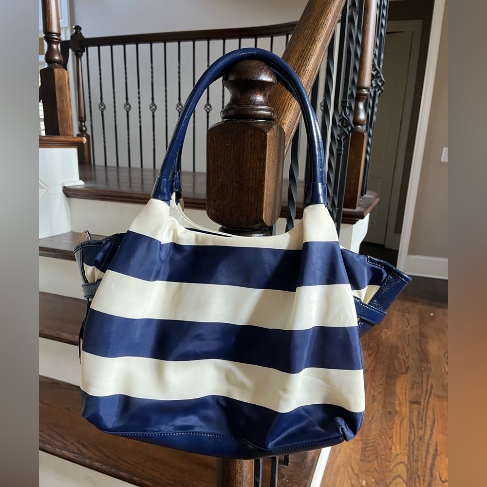 Kate Navy and Cream Sateen and Parent Leather Striped Bag - Picture 2 of 13